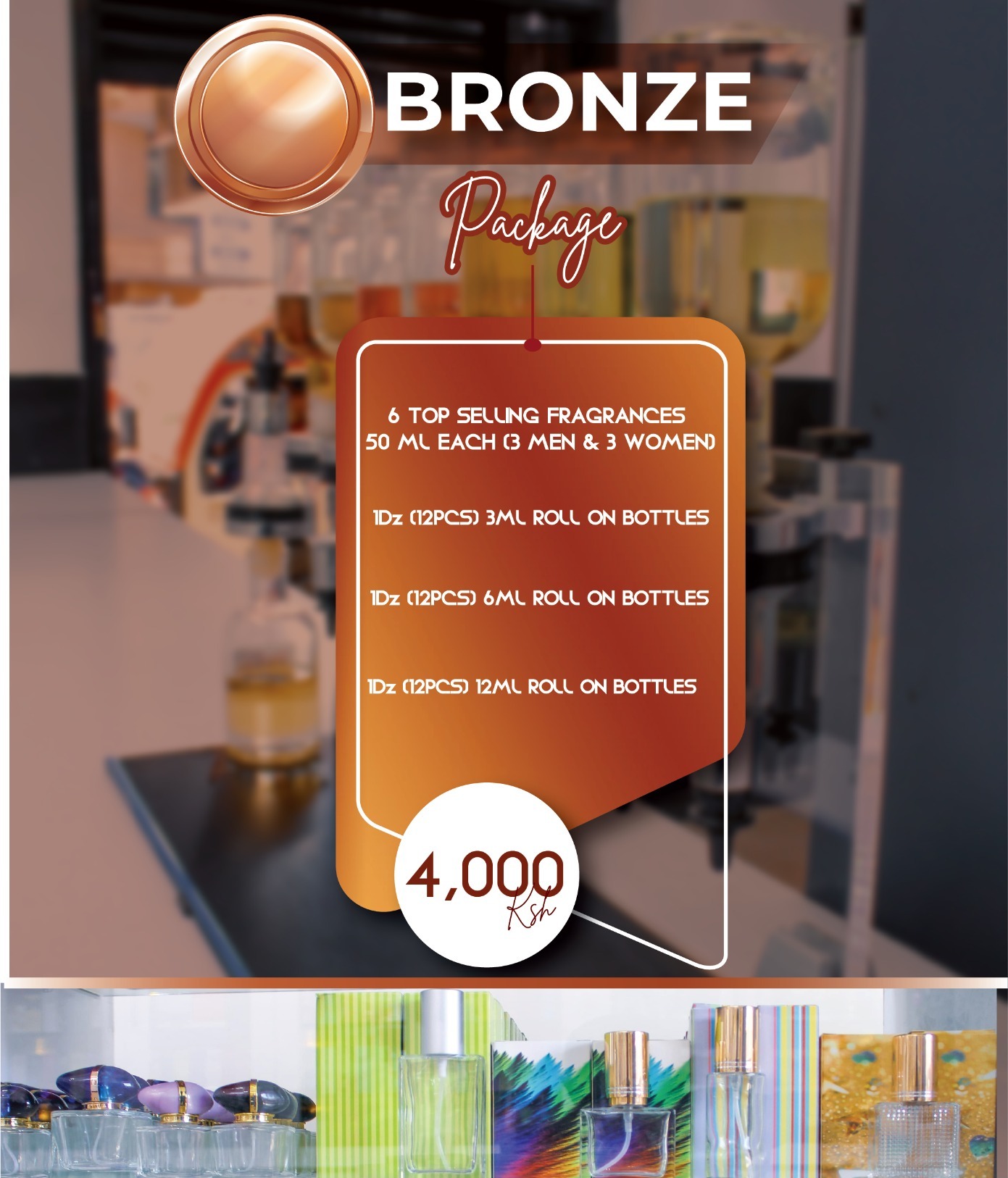 shining image with perfume store blurry background representing the afri beauty wholesale bronze package