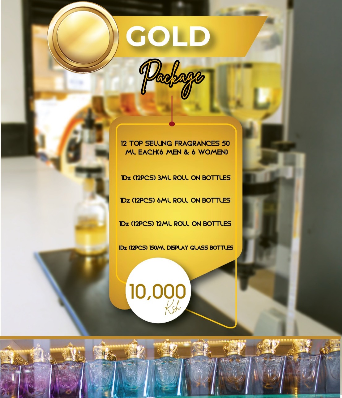 shining image with perfume store blurry background representing the afri beauty wholesale gold package