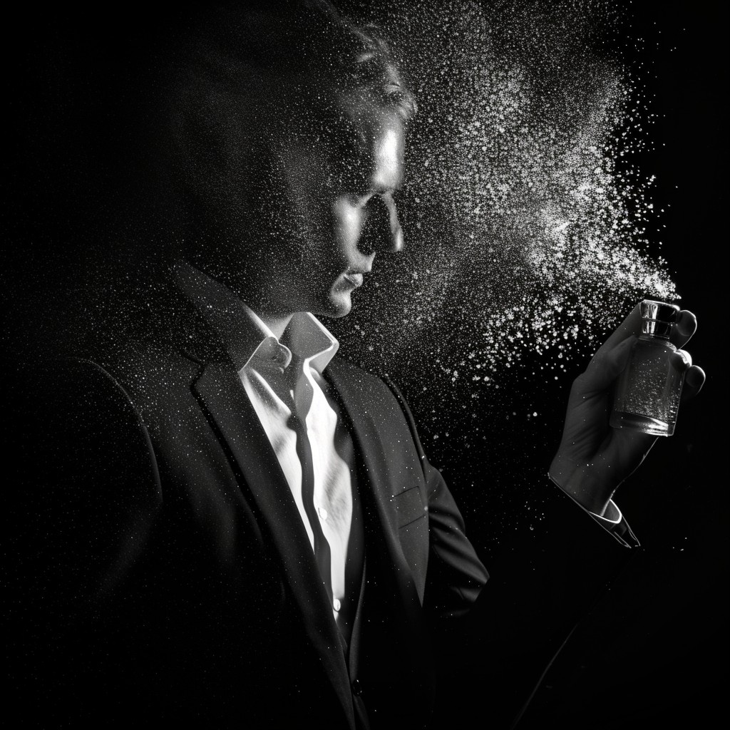 black and white photo of a man spraying a perfume on his face