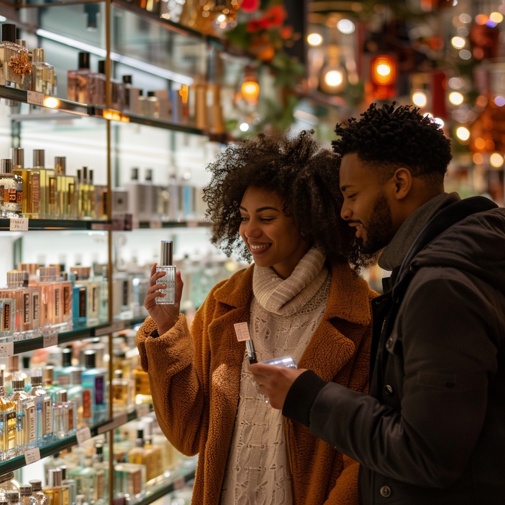 man and woman shopping for perfumes