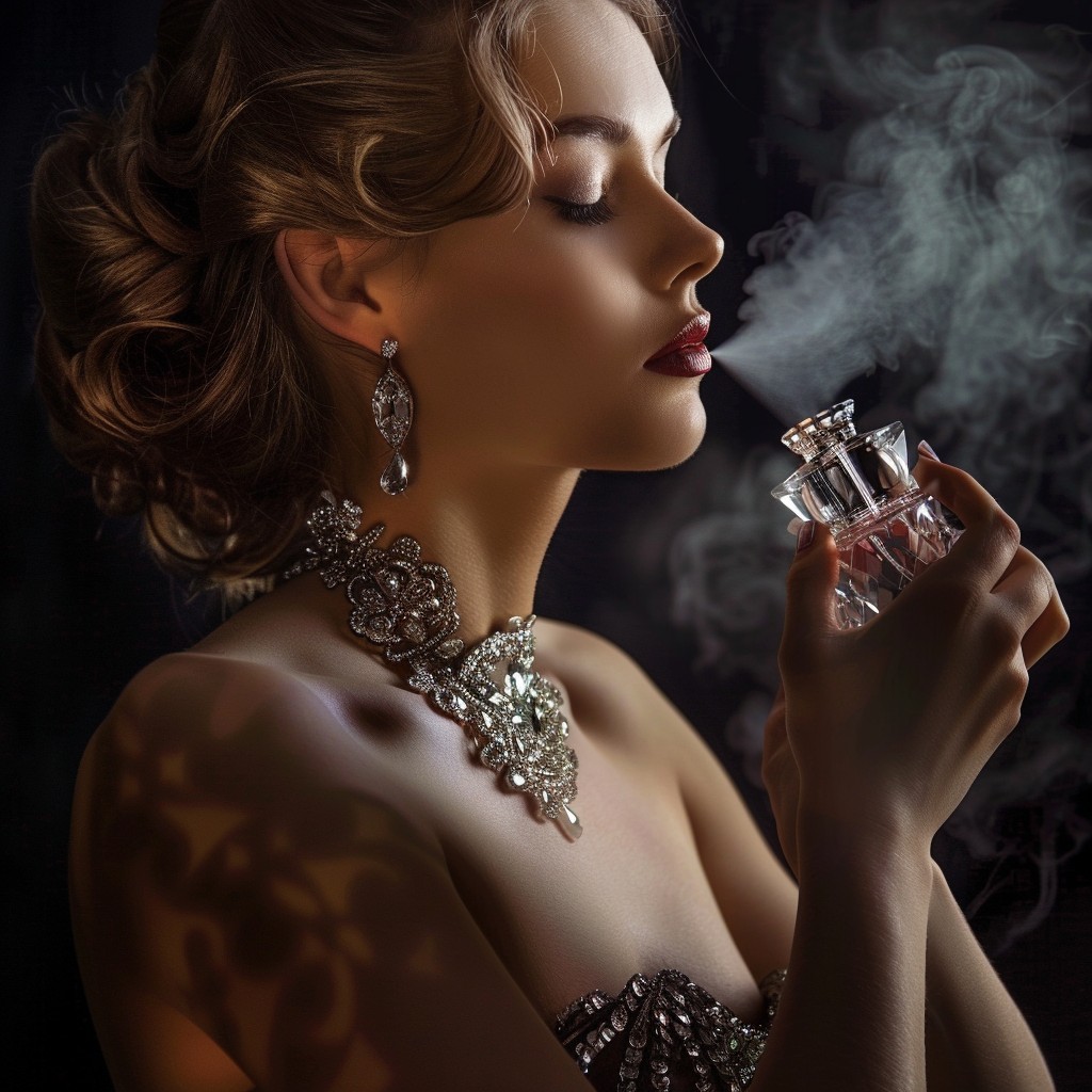 Woman spraying perfume